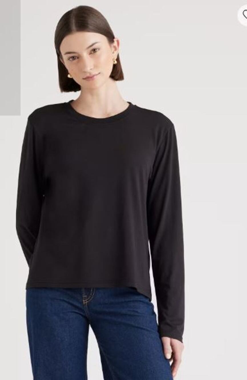 Quince Womens Small Relaxed Long Sleeve Tee Black Cotton Modal Crew Neck Preppy